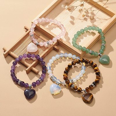 Gemstone Round Beaded Stretch Bracelet with Heart Charm for Women BJEW-JB09019-1