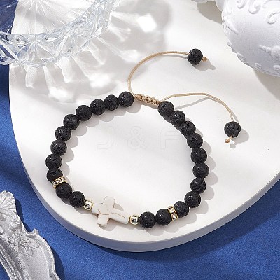 Adjustable 6mm Round Natural Lava Rock Braided Bead Bracelets BJEW-JB10615-01-1