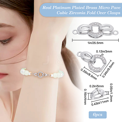 6Pcs Brass Micro Pave Clear Cubic Zirconia Fold Over Clasps KK-BBC0011-60-1