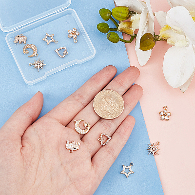 12Pcs 6 Style Rack Plating Brass Micro Pave Cubic Zirconia Charms ZIRC-AR0001-17-1