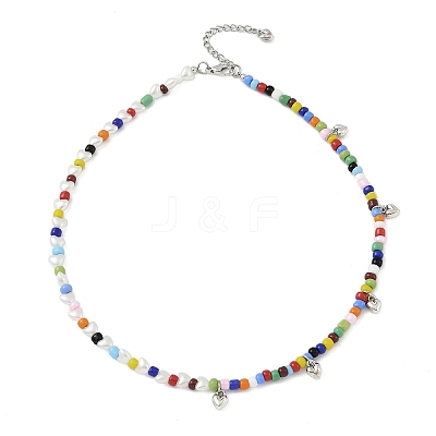 Bohemian Round Glass Seed Beaded Necklaces with Antique Silver Tone Alloy Heart Charms NJEW-JN05216-1