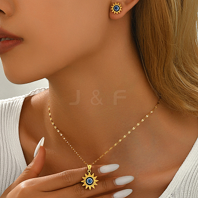 Vintage 201 Stainless Steel & Plastic Sun with Evil Eye Stud Earrings & Pendant Necklaces Set for Women EW9229-1