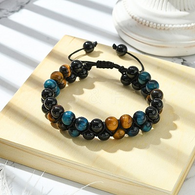 Natural Tiger Eye & Black Onyx Round Braided Bead Bracelet BJEW-TA00441-1
