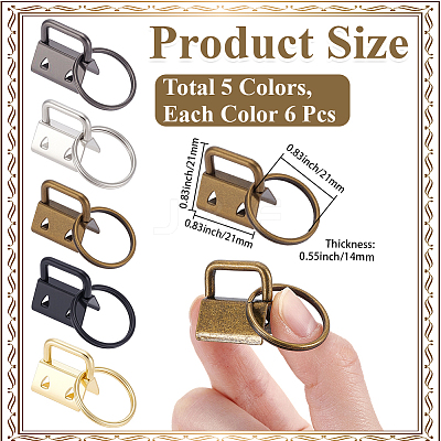 30Pcs 5 Colors Iron Ribbon Ends with Keychain Split Ring IFIN-GF0001-66-1