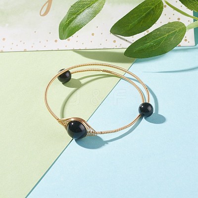 Natural Obsidian Round Beaded Bangle BJEW-JB07816-04-1