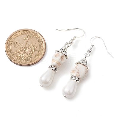 Synthetic Turquoise and Shell Pearl Skull Dangle Earring EJEW-TA00447-1