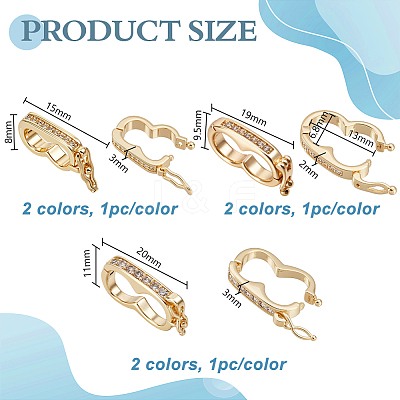 6Pcs 6 Styles Brass Micro Pave Clear Cubic Zirconia Twister Clasps ZIRC-GA0001-19-1