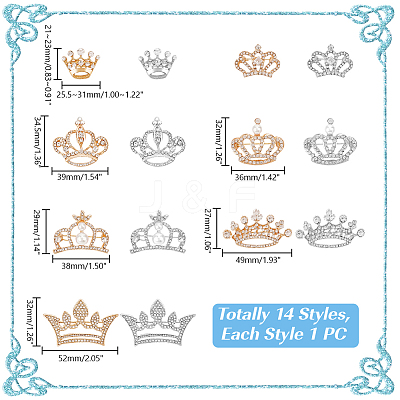 14Pcs 14 Styles Crown Zinc Alloy Rhinetsone Lapel Pins for Clothes JEWB-HY0001-56-1