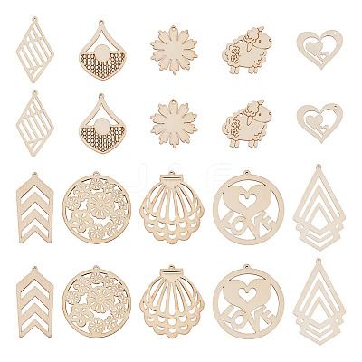 100Pcs 10 Styles Undyed Natural Wooden Big Pendants WOOD-EL0001-03-1