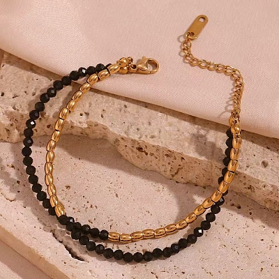 Faceted Round Glass & 316L Stainless Steel Beaded 2-Strand Bracelets for Women YP1849-1-1