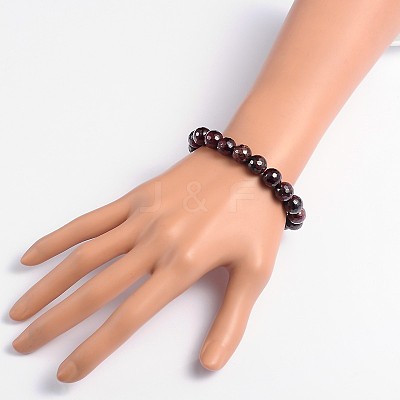 Faceted Natural Garnet Round Bead Stretch Bracelets BJEW-JB09123-1