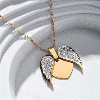 304 Stainless Steel Polymer Clay Rhinestones Wing Openable Pendant Necklaces for Women NJEW-Z065-14G-03-1