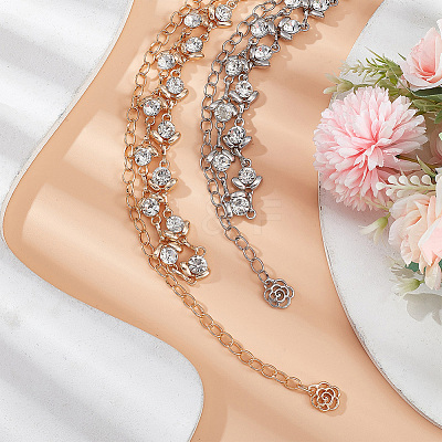 2Pcs 2 Colors Crystal Rhinestone Flower Link Chain Belts AJEW-CP0005-69-1