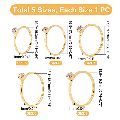 5Pcs 5 Style Flat Round Rhinestone Finger Rings RJEW-UN0001-08-1