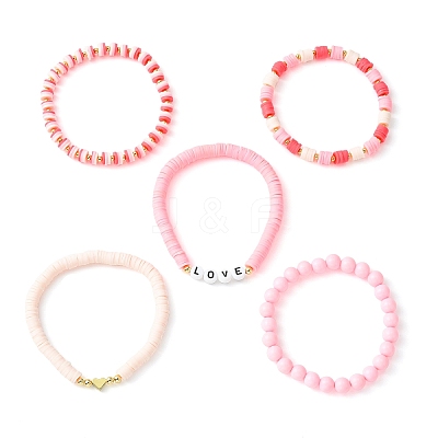 5Pcs 5 Style Word Love Acrylic & Brass Heart & Polymer Clay Disc Beaded Stretch Bracelets Set for Valentine's Day BJEW-TA00314-1