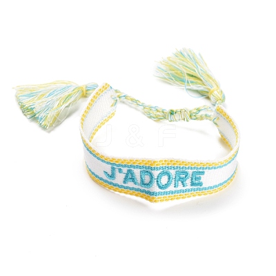 Word J'ADORE Polycotton(Polyester Cotton) Braided Bracelet with Tassel Charm BJEW-F429-01-1