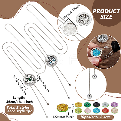 2Pcs 2 Styles Adjustable Stainless Steel Hollow Flat Round Diffuser Locket Pendant Lariat Necklaces NJEW-PH0001-49-1