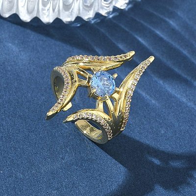Brass Micro Pave Cubic Zirconia Cuff Open Rings for Women RJEW-L343-09G-02-1