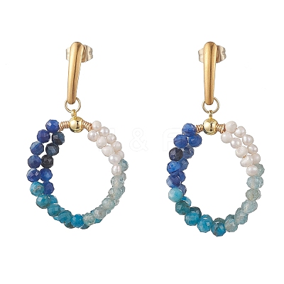 Natural Apatite & Natural Kyanite Faceted Round & Natural Cultured Freshwater Pearl Bead & 304 Stainless Steel Stud Dangle Earrings EJEW-JE07229-01-1