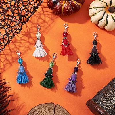 6Pcs 6 Colors Halloween Dyed Synthetic Turquoise Skull & Acrylic Flower Polycotton Tassel Pendant Decorations HJEW-JM03900-1