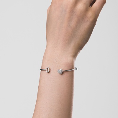 Anti-Tarnish Heart & Letter Rhodium Plated 925 Sterling Silver Micro Pave Cubic Zirconia Cuff Bangles for Women BJEW-C062-01O-P-1