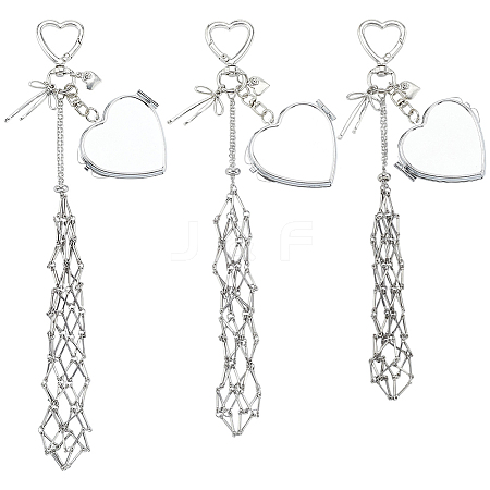 3Pcs 3 Styles 201 Stainless Steel String Bag & Iron & Glass Mirror & Alloy Bowknot Pendant Keychains HJEW-SC0003-32-1