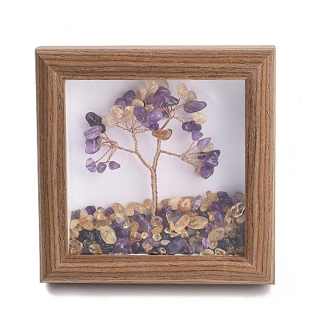 Natural Amethyst and Yellow Quartz Chips Chips Tree of Life with Wooden Photo Frame Decorations DJEW-B013-04H-1