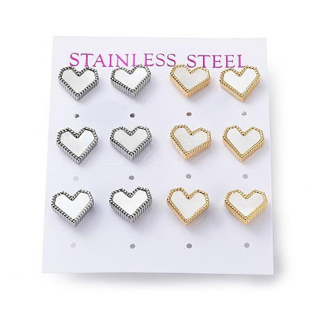 6 Pair 2 Color Heart Natural Shell Stud Earrings EJEW-A024-10-1