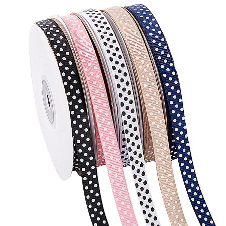 6 Rolls 6 Colors Polyester Polka Dot Print Grosgrain Ribbon OCOR-PH0004-28-1