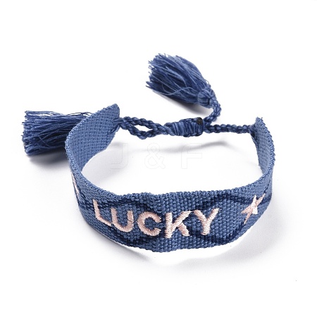 Word Lucky Polycotton(Polyester Cotton) Braided Bracelet with Tassel Charm BJEW-F429-08-1