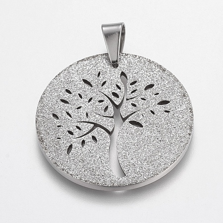 Trendy Flat Round with Tree Necklace Findings 304 Stainless Steel Textured Pendants STAS-L012-D09P-1