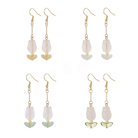 Acrylic Tulip with Glass Leaf Dangle Earrings EJEW-JE05212-1