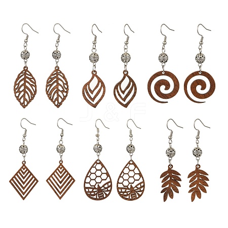 6 Pairs 6 Styles Natural Walnut Wood with Alloy Bead Dangle Earrings for Women EJEW-JE06102-1