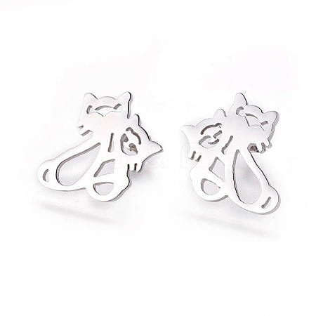 Tarnish Resistant 304 Stainless Steel Kitten Stud Earrings EJEW-F234-08P-1