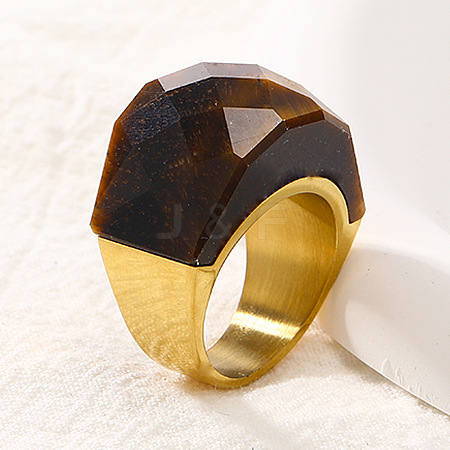 Fashionable 304 Stainless Steel & Natural Tiger Eye Finger Rings FS-WG90577-30-1