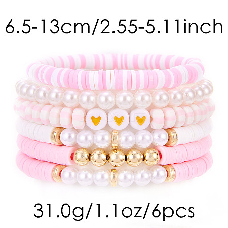 7Pcs Heart Pattern Polymer Clay & Plastic Pearl & CCB Plastic Beaded Stretch Bracelet Set for Women FS-WG634BB-04-1