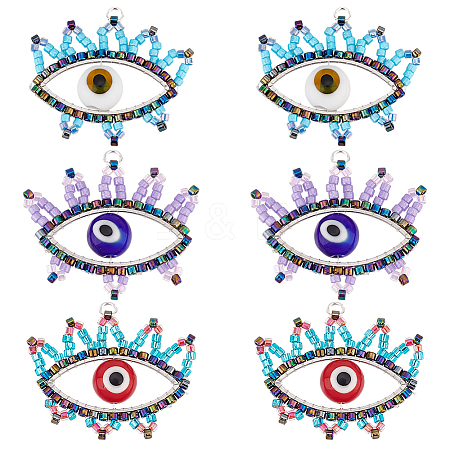 6Pcs 3 Colors Glass Seed Beaded Pendants PALLOY-GO00026-1