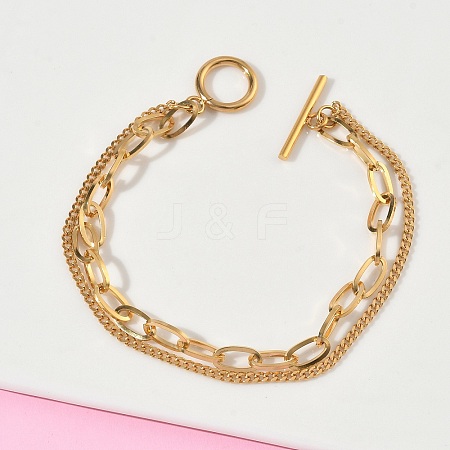 304 Stainless Steel Curb & Cable Chain Double Layer Bracelets for Women BJEW-G779-05G-1