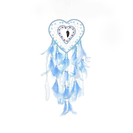 Heart Woven Web/Net with Feather Hanging Ornaments HJEW-G025-12B-1