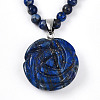 Natural Lapis Lazuli 4.5mm Round Beaded Flower Pendant Necklaces NJEW-T016-04C-4