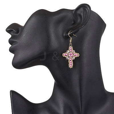 304 Stainless Steel Glass Seeds Cross Dangle Earrings EJEW-MZ00506-04-1