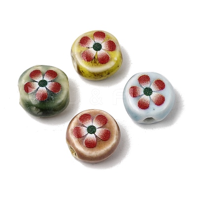 Flat Round Handmade Floral Porcelain Beads PR-CBA03B0-02-1