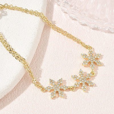 Brass Micro Pave Clear Cubic Zirconia Triple Flower Link 2-Strand Bracelets KK-CBA6980-16G-1