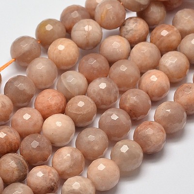 Faceted Round Natural Sunstone Beads Strands G-I176-10-10mm-1