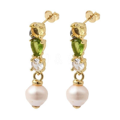 Round Brass Micro Pave Cubic Zirconia Dangle Stud Earrings EJEW-L311-01G-02-1