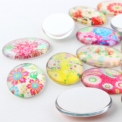 Multi-Color Floral Pattern Theme Ornaments Glass Oval Flatback Cabochons GGLA-A003-30x40-SS-1