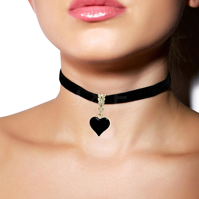 Alloy Enamel Heart Pendant Black Velvet Choker Necklaces for Women NJEW-WH20014-01B-1