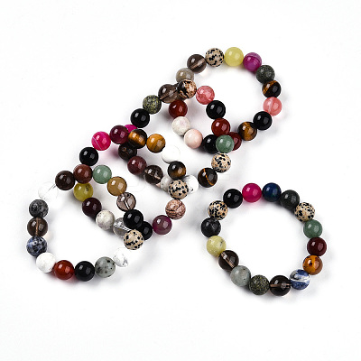 Natural Mixed Gemstone Round Beads Stretch Bracelets for Women Men  G-T141-20-1