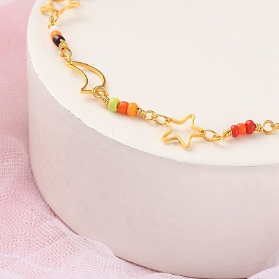 Star & Moon Brass Link Bracelets for Woman BJEW-S157-01G-1
