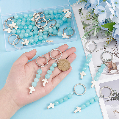 Synthetic Turquoise Bead and Natural Jade Cross Pendant Keychain KEYC-PH01520-1
